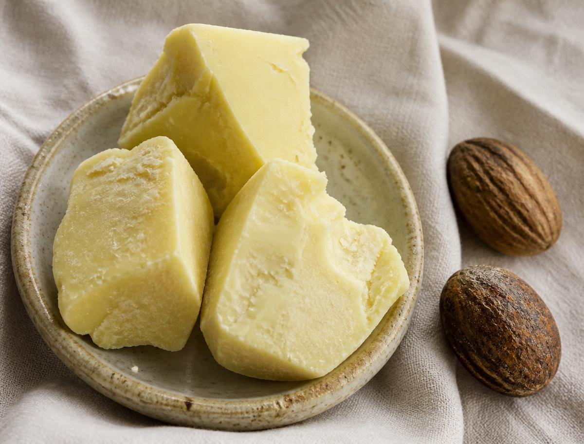 Beurre de karité brut non raffiné dans un bol en terre cuite, lumière naturelle