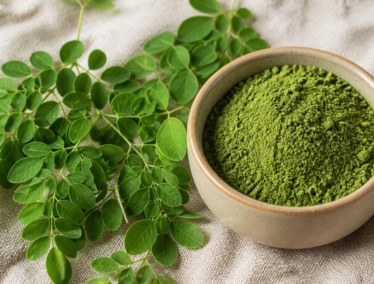 Feuilles et poudre de moringa sur un plan de travail clair